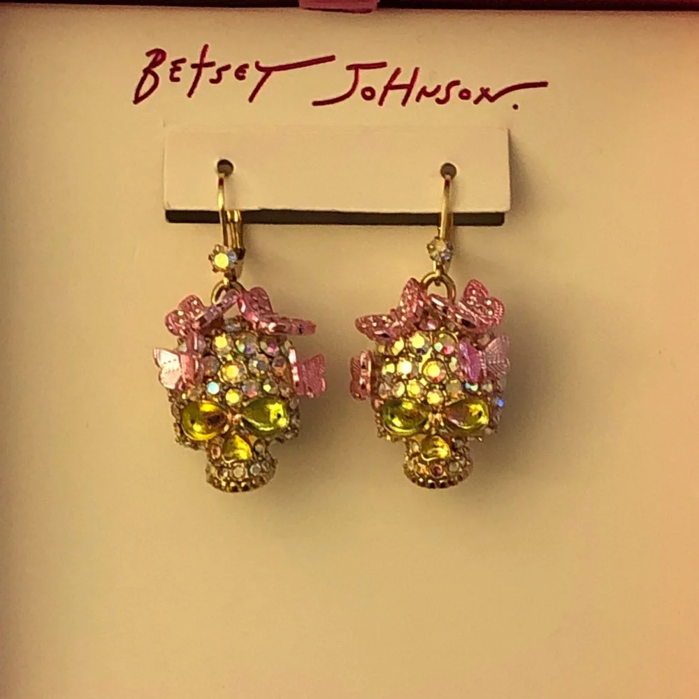 Betsey Johnson Gold Tone Sugar Skull Drop Earrings Butterfly Crystal Accents NIB